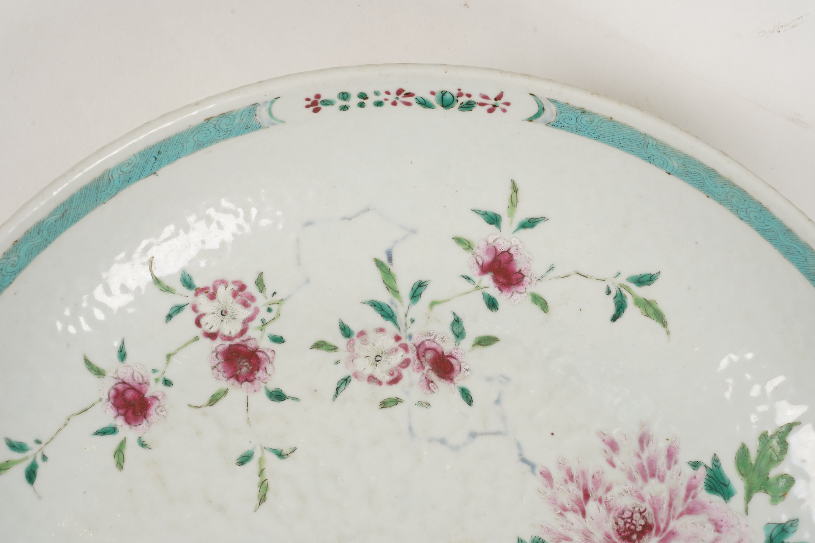 A Chinese export famille rose deep dish, underglaze blue Xuande mark but 18th century